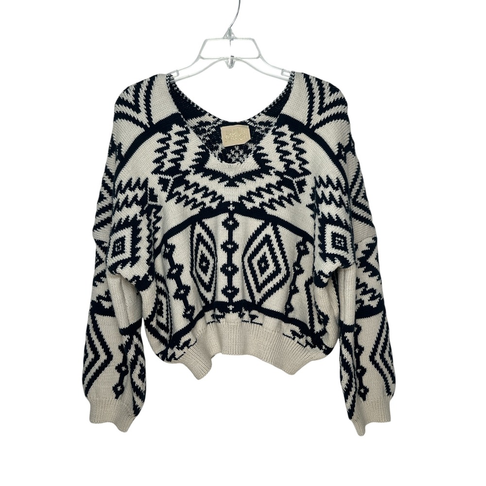 Judith March Women's Southwestern Geometric Cropped Sweater Navy Blue Size Small